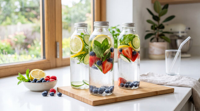 Refreshing fruit and herb infused water in glass bottles on kitchen counter