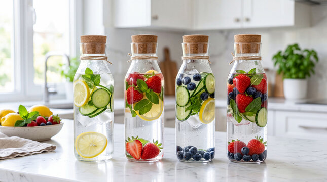 Fresh fruit and vegetable infused water bottles on kitchen counter