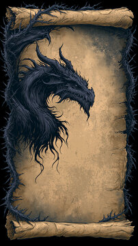 Stylized comic fantasy scroll with dark dragon and blank parchment for epic poster design