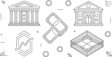 Bank building vector illustration set featuring line art finance elements cash money stock market growth charts and percentage icons isolated on white background, © Sujon Shah