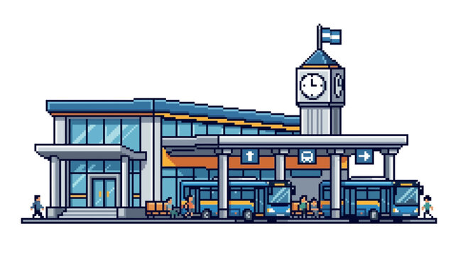 Modern city bus terminal with clock tower and shuttles.