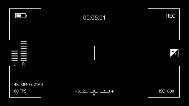 Animated illustration of a video camera screen in 4K resolution. digital video recorder interface with timer and battery indicator for cinematic footage creation. alpha channel. 