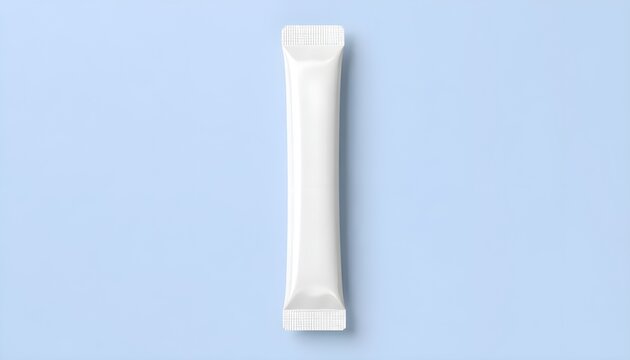 A single white blank stick pack sachet on a blue background. Ideal for product packaging design mockup.