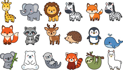 Fototapeta premium Cute Woodland and Safari Animal Vector Collection with Fox, Lion, Elephant, Zebra, Penguin, Whale, Sloth, Koala, and Baby Wildlife Characters