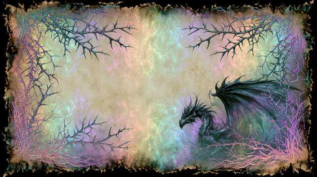 Holographic dragon scroll background with blank parchment and pearlescent fantasy frame