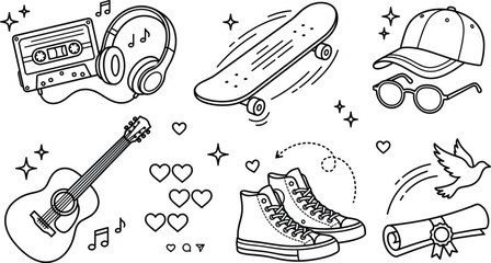 Retro hand drawn doodle vector set with skateboard cassette headphones guitar sneakers cap sunglasses and music notes © Mstshneha