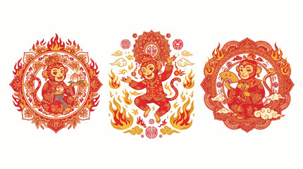 Three vibrant vector illustrations of the chinese zodiac monkey character set in decorative red and gold circular ornate frames © hadi