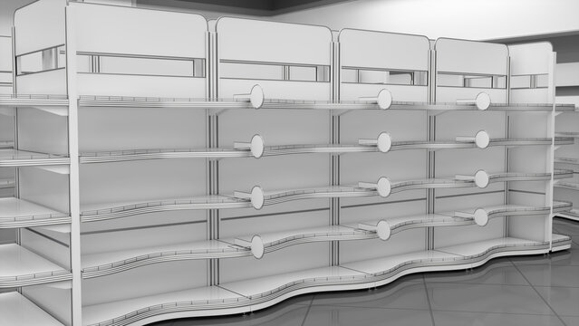 Retail gondola shelving mockup with curved shelves and round blank shelf stoppers in a supermarket interior. 3d illustration