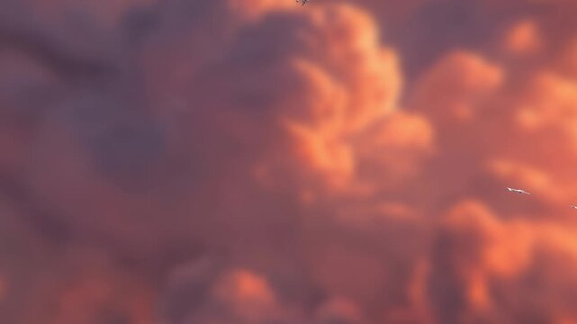 Squadron of military attack drones flies toward the camera against a dramatic sunset background in a seamless 3D animation loop