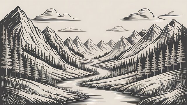 Hand drawn of a mountain range with a winding river flowing through a pine forest valley in a vintage engraving style
