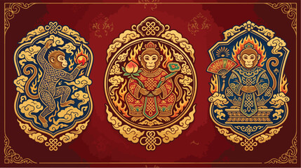 Elaborate vector illustration featuring the legendary chinese monkey king depicted in three distinct circular and ornate decorative golden frame designs © hadi