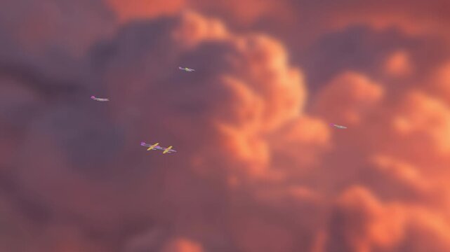 Stylized low poly military drones fly through a retro wireframe atmosphere in a seamless 3D animation loop with vibrant vaporwave gradients