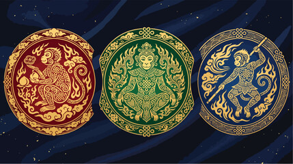 Elaborate vector illustration featuring three circular medallions with intricate golden monkey motifs set against a dark textured navy blue background © hadi