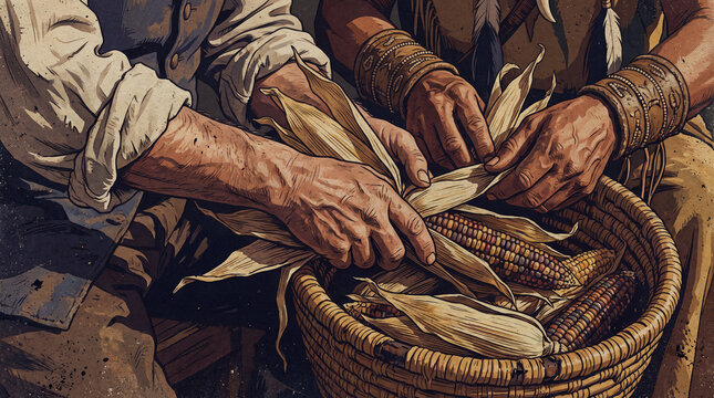 Vintage digital painting illustration of colonial settler and Native American hands cooperating to husk dried autumn corn cobs into a wicker basket for Thanksgiving harvest