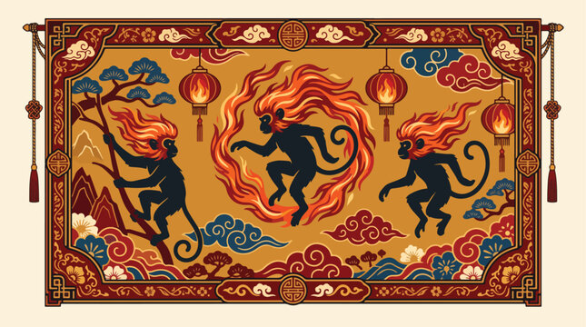 Stylized vector illustration featuring three energetic monkeys surrounded by flaming fire rings and traditional chinese motifs in vibrant golden colors
