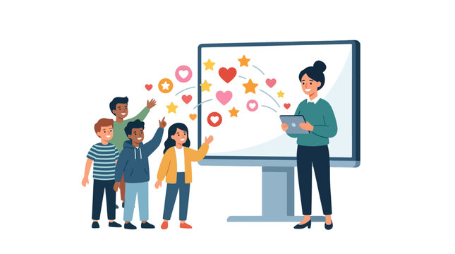 Teacher receiving positive feedback and star ratings from diverse students on digital screen flat vector illustration.