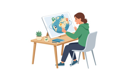 Fototapeta premium Young woman student studying geography on interactive digital tablet screen with world globe map flat vector illustration.