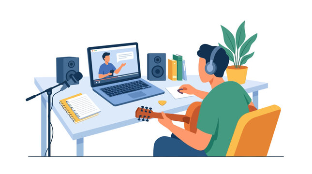 Young musician learning to play acoustic guitar via online webinar in home studio flat design vector illustration.