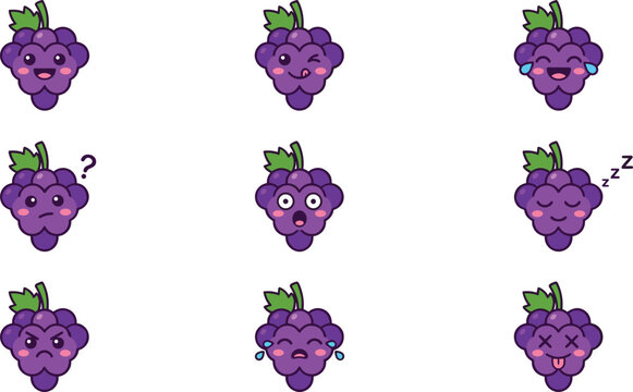Cute Grape Cartoon Character Vector Collection with Funny Fruit Mascots, Happy Expressions, Sleeping, Crying, Thinking, and Kawaii Emoji Illustrations