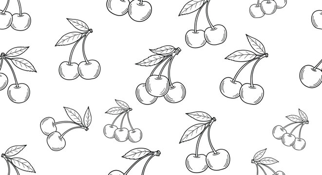 Seamless background pattern of hand-drawn sweet cherry branches with leaves in a vintage monochrome style.