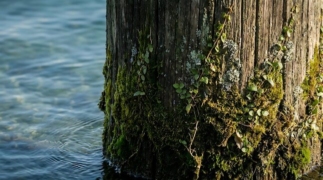 A close-up of overgrown coastal docks with lush green moss and ivy climbing the weathered wooden piling standing in the calm shimmering blue lake water