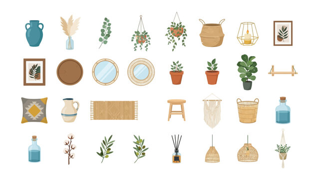 Boho Home Decor Elements: A curated collection of charming bohemian-style home decor items, including macrame plant hangers, woven baskets, decorative vases, Pampas grass, mirrors, pillows.