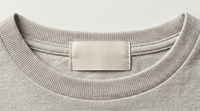 Blank label on a beige tshirt closeup top view copy space.
