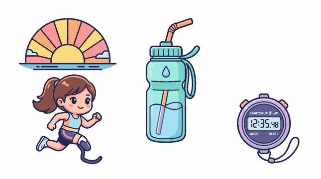 Cute cartoon illustrations of a girl running with prosthetic leg water bottle sunset and stopwatch.