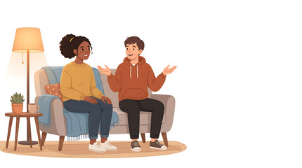 Obraz premium A vector graphic illustration of two people having a conversation on a couch in a cozy living room setting.
