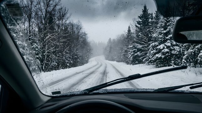 Snowy mountain road vanishing into dense forest, black and white trees