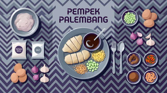 Flat Lay Illustration of Pempek Palembang Ingredients and Dish with Text, Featuring Fish Cakes, Noodles, Sauce, and Spices on a Chevron Pattern Background, Culinary Graphic Resource