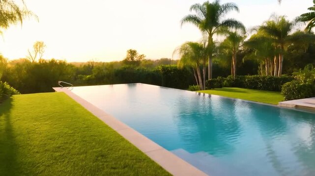 Beautiful luxury infinity pool with tropical palm trees and vibrant sunset sky, surrounded by green grass. Perfect for relaxation.