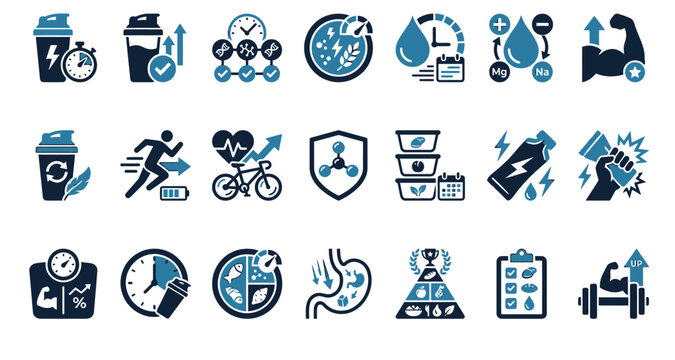 Health icons featuring fitness, hydration, nutrition, and wellness concepts featuring vector, illustration, exercise