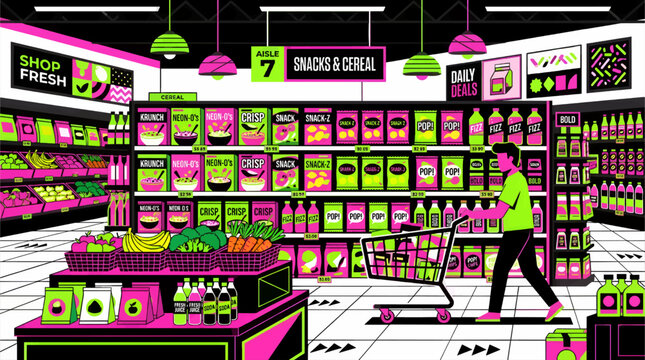 Grocery Store Aisle with Shopper Pushing Shopping Cart, Shelves Stocked with Snacks and Cereal, Vibrant Flat Design Vector Illustration of Supermarket Interior with Produce and Daily Deals Signage