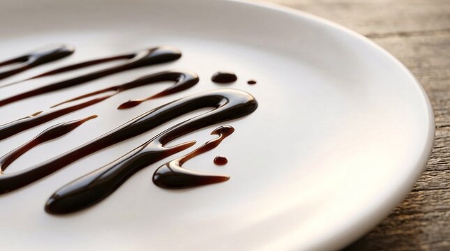 Balsamic glaze drizzled on a smooth ceramic surface. Ideal for gourmet food photography, culinary blogs, and restaurant menus