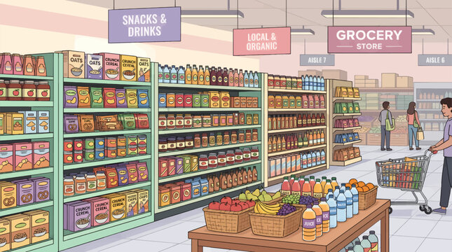 Grocery Store Aisle with Shelves Full of Food Products and Shopping Cart, Flat Vector Illustration of Supermarket Interior with Customers, Fresh Produce and Packaged Goods on Display