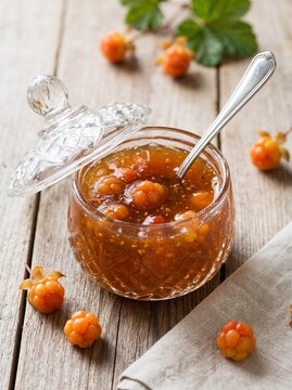 Fresh cloudberry jam served in small glass crystal jar. Ideal for food blog photography, culinary branding, and Scandinavian cuisine.
