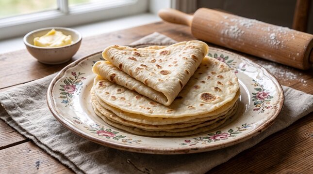 Freshly baked potato lefse stacked on vintage ceramic plate. Ideal for food photography, traditional cuisine, and culinary articles