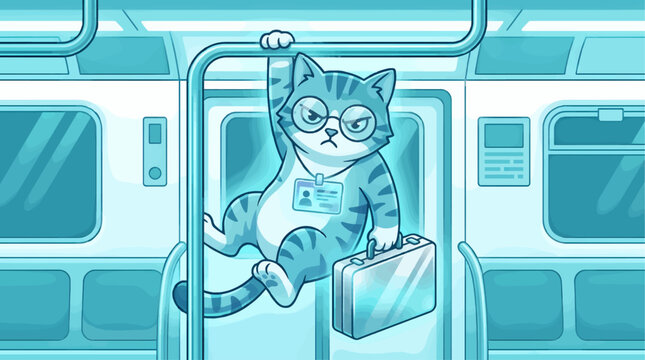 Grumpy Tabby Cat Wearing Glasses Holds Briefcase While Riding Subway Train, Flat Vector Illustration