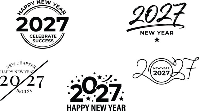 Happy New Year 2027 Typographic Badge and Emblem Collection with Hand Lettered Script Text Elements for Festive Greeting Card Designs