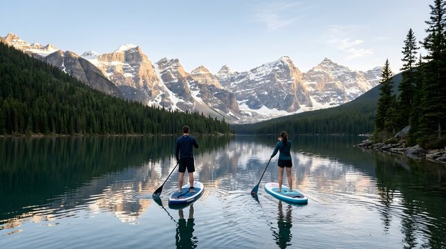 Two people paddleboarding on a calm mountain lake, sunset reflection mountains