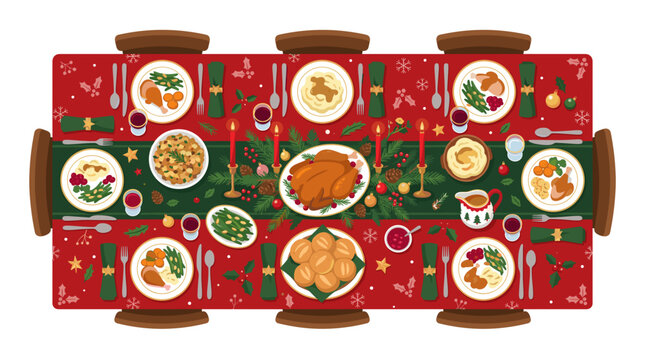 Festive Christmas Dinner Table Setting with Roasted Turkey and Holiday Decorations