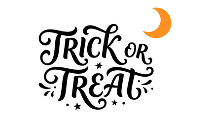 Fototapeta premium Trick or Treat Calligraphy: A spooky and festive Trick or Treat message in black calligraphy, adorned with stars, under a crescent moon, perfect for Halloween celebrations.