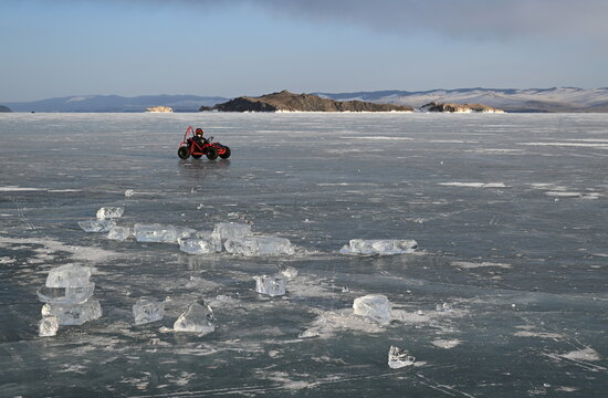Buggy riding on the ice of frozen Lake Baikal