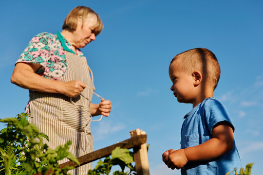 An elderly woman is tending to plants in a garden while a young boy stands beside her looking closely. They enjoy the outdoors and learn about gardening together