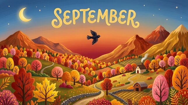 Vibrant autumn landscape with colorful birds and mountains, september theme trees