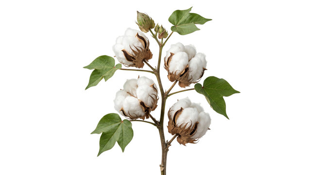 Delicate cotton bolls with green leaves on a branch against a white background
