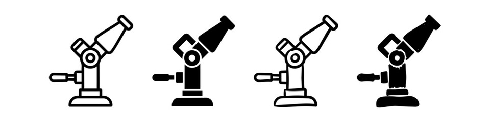 Four fire monitor icon styles: outline, solid, and hand-drawn versions. Minimalist black and white icons for fire safety, industrial equipment, and firefighting design. © Nort Kor