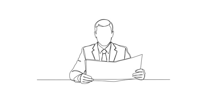 Businessman sitting at a desk reading a newspaper continuous single line drawing