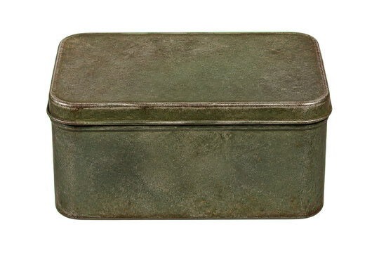 Worn vintage rectangular metal tin with lid